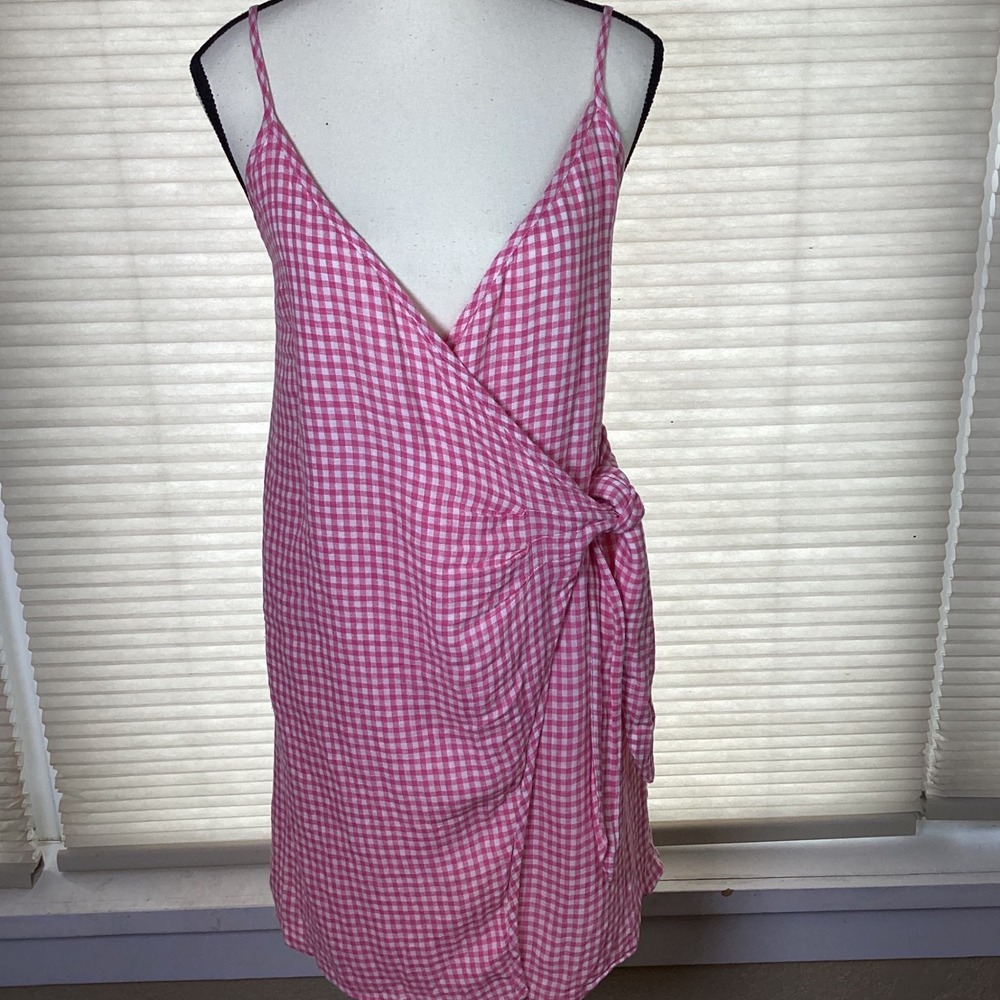 Rails Malia Pink‎ & White Gingham Wrap Mini Dress, Linen Blend, Size Small